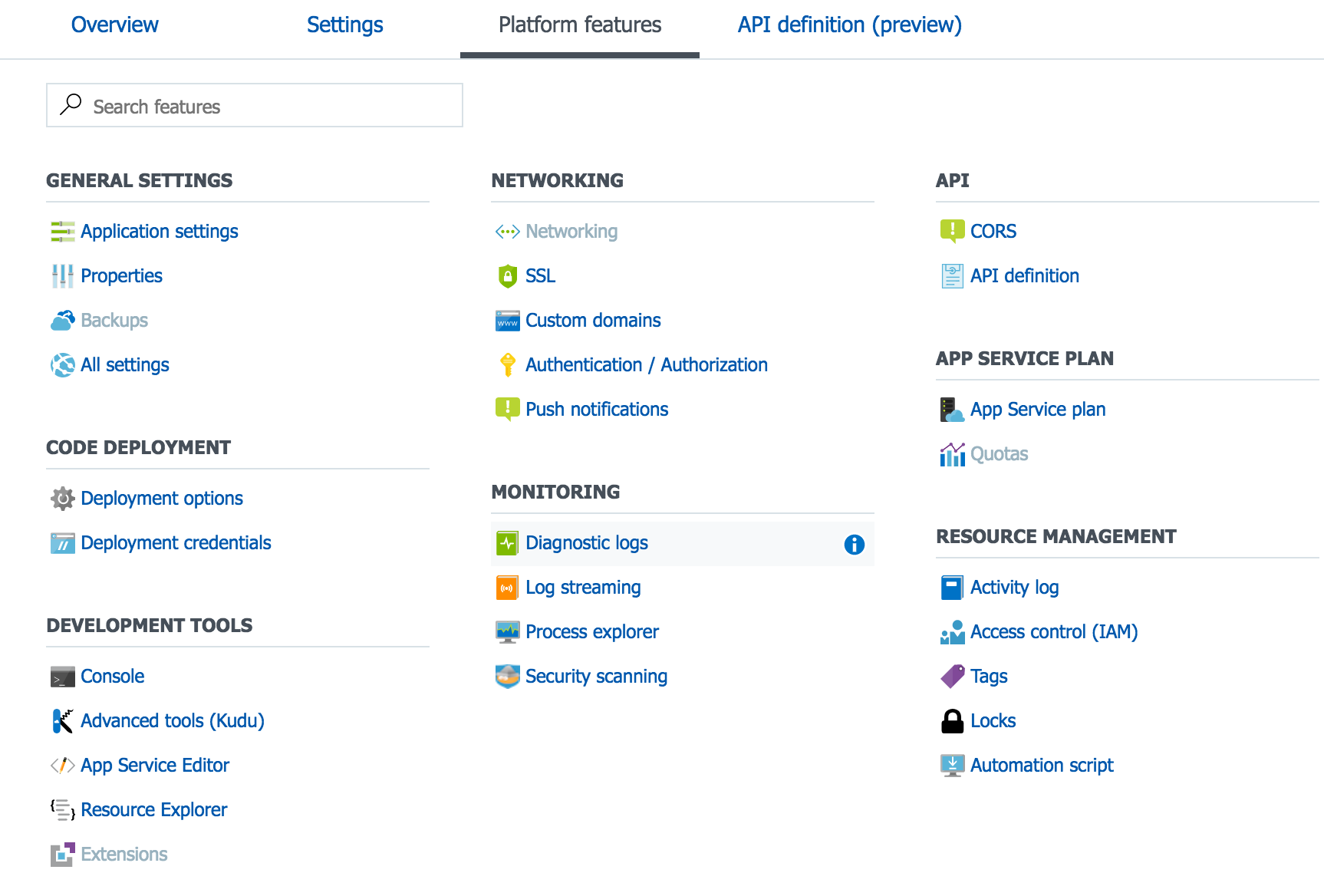 Function Apps Platform features configuration